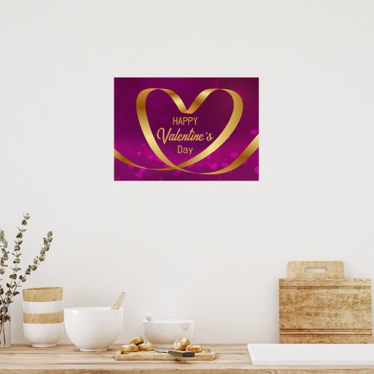 Happy Valentijnsdag Gold Heart Ribbon Paars Poster (Keuken)