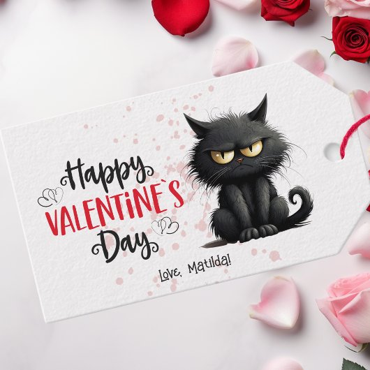 Happy Valentijnsdag Grappige zwarte kat Cadeaulabel