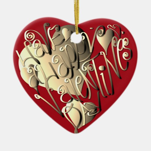 "Happy Valentijnsdag" Hartrood Keramisch Ornament (Voorkant)