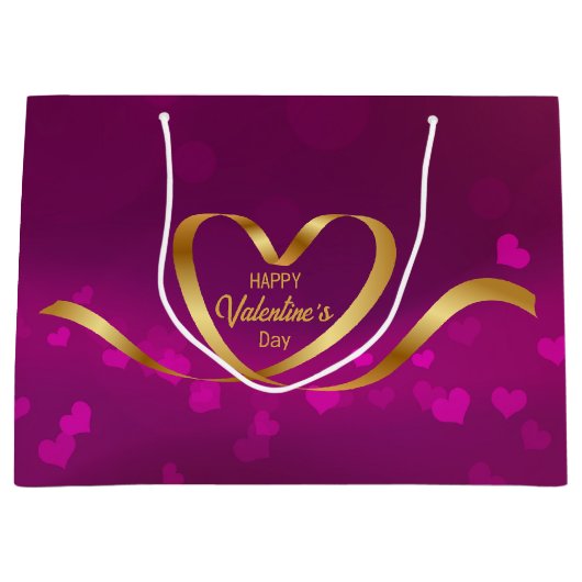 Happy Valentijnsdag Heart Gold Ribbon Paars Groot Cadeauzakje (Voorkant)