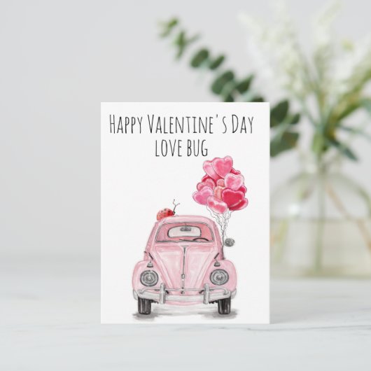 Happy Valentijnsdag Love Bug Pink Car Balloons Feestdagenkaart (Staand voorkant)