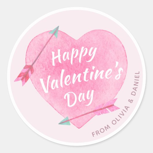 Happy Valentijnsdag Pastel Roze Waterverf Hart Ronde Sticker (Voorkant)