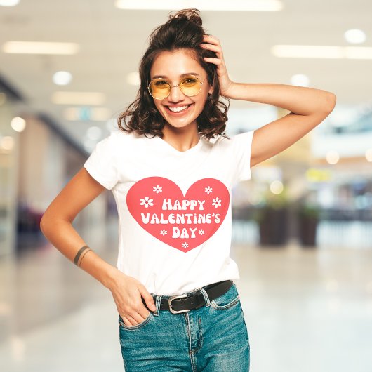 Happy Valentijnsdag Retro hart Rode witte bloemen T-shirt