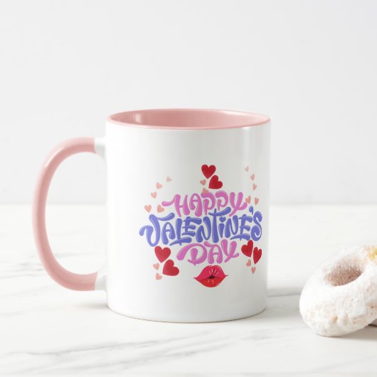 Happy Valentijnsdag Roze paarse harten Mok (Met donut)
