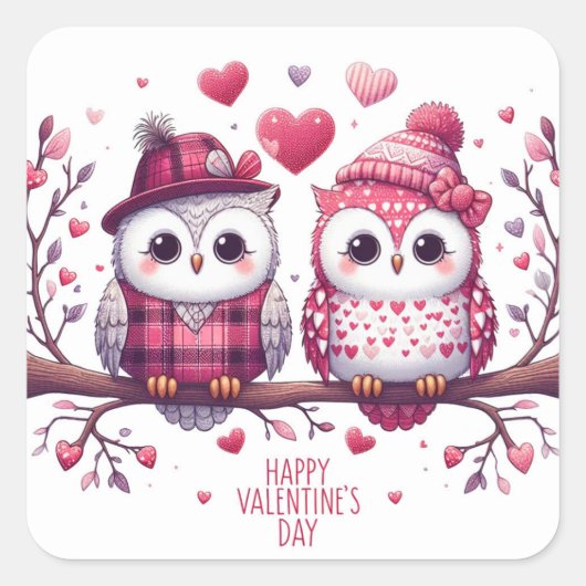 Happy Valentijnsdag Schattigee Uilen Envelope Seal Vierkante Sticker (Voorkant)