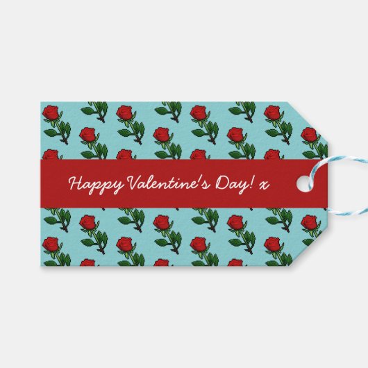 Happy Valentijnsdag Single Red Rose Pattern Cadeaulabel (Voorkant (Horizontaal))