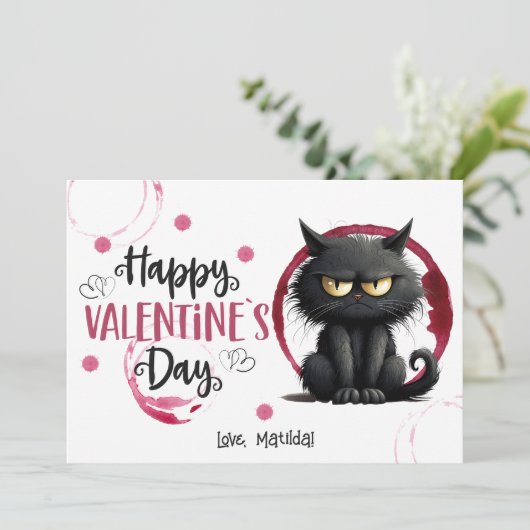 Happy Valentijnsdag zwarte kat met wijnvlekken Feestdagenkaart (Staand voorkant)