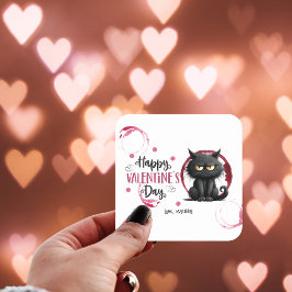 Happy Valentijnsdag zwarte kat met wijnvlekken Vierkante Sticker