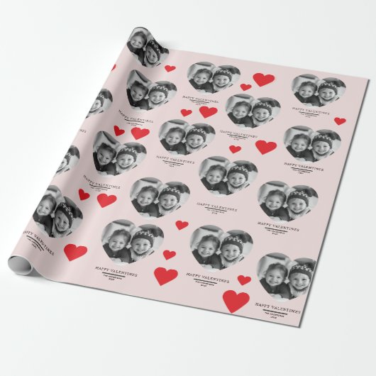 Happy Valentijns's Hart Foto Roze & Rood Cadeaupapier (Uitgerold)