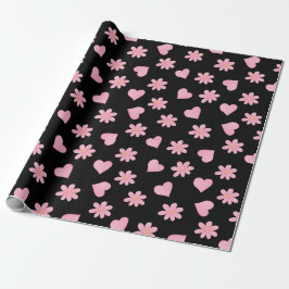 Happy valentine day Black& Pink hearts Flowers Cadeaupapier