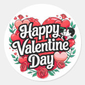 Happy Valentine Day Heart Rozen Liefde op wit Ronde Sticker (Voorkant)
