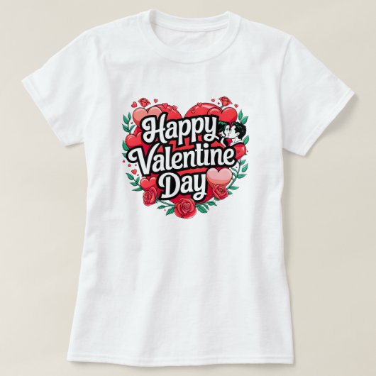 Happy Valentine Day Heart Rozen Liefde op wit T-shirt (Design voorkant)
