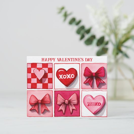 Happy Valentine’s Day Pink & Red XOXO Card Briefkaart (Staand voorkant)
