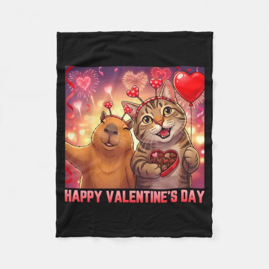 Happy Valentines 2026 Cute Cat Capybara Party Art  Fleece Deken (Voorkant)