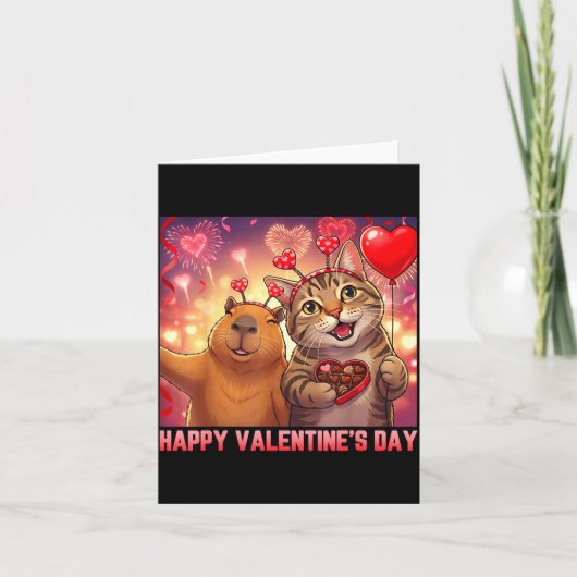 Happy Valentines 2026 Cute Cat Capybara Party Art  Kaart (Voorkant)