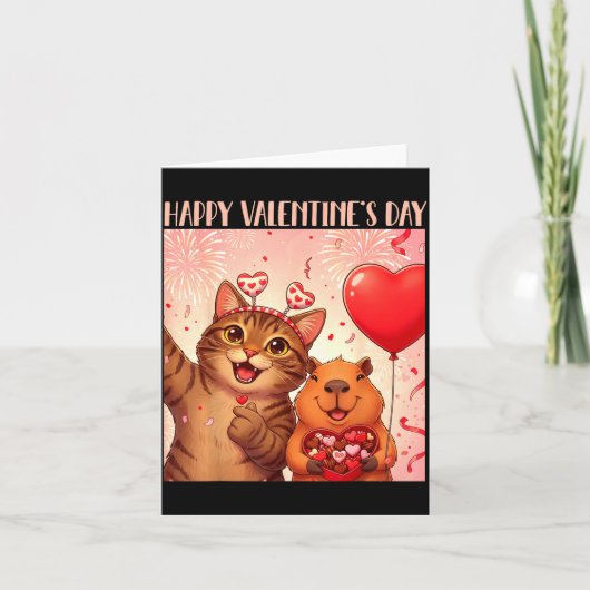 Happy Valentines 2026 Cute Cat Capybara Party Art  Kaart (Voorkant)