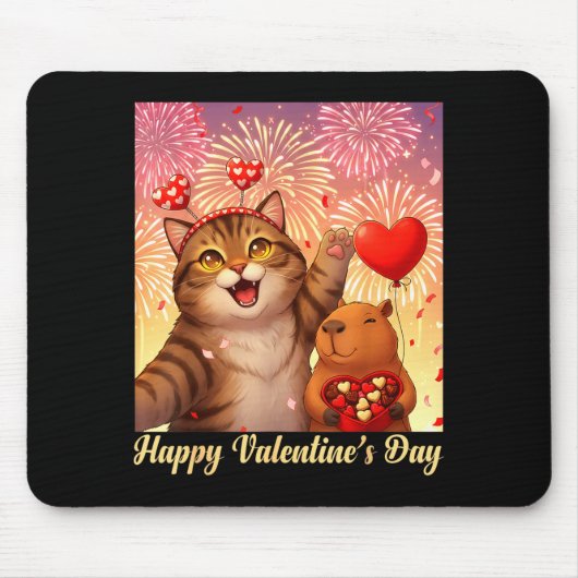 Happy Valentines 2026 Cute Cat Capybara Party Art Muismat (Voorkant)