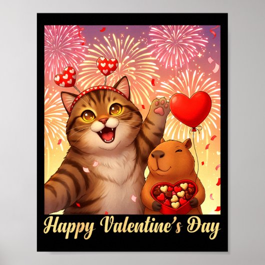 Happy Valentines 2026 Cute Cat Capybara Party Art  Poster (Voorkant)