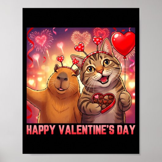 Happy Valentines 2026 Cute Cat Capybara Party Art  Poster (Voorkant)