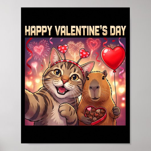Happy Valentines 2026 Cute Cat Capybara Party Art  Poster (Voorkant)