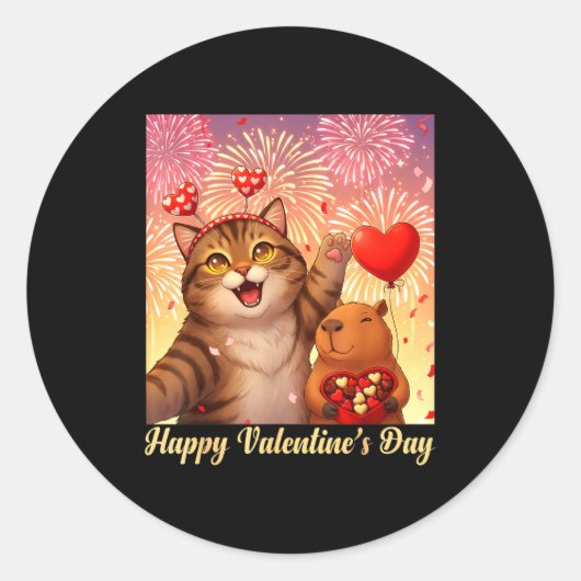 Happy Valentines 2026 Cute Cat Capybara Party Art  Ronde Sticker (Voorkant)