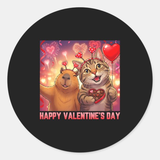 Happy Valentines 2026 Cute Cat Capybara Party Art  Ronde Sticker (Voorkant)