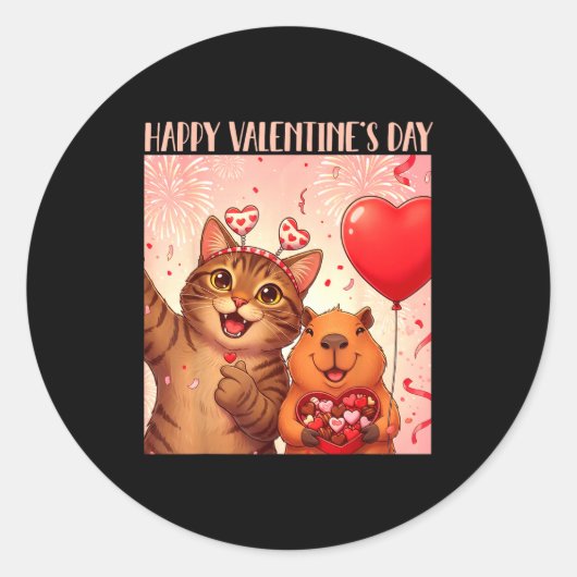 Happy Valentines 2026 Cute Cat Capybara Party Art  Ronde Sticker (Voorkant)