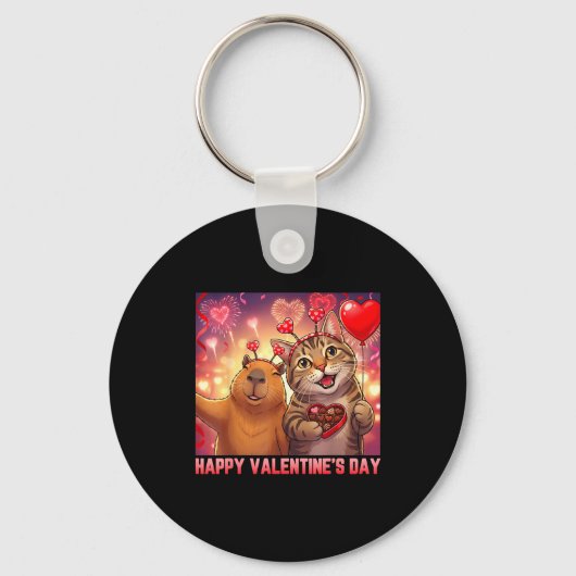 Happy Valentines 2026 Cute Cat Capybara Party Art  Sleutelhanger (Voorkant)
