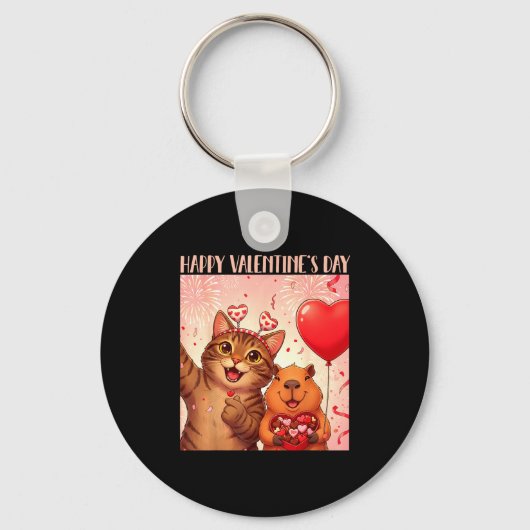 Happy Valentines 2026 Cute Cat Capybara Party Art Sleutelhanger (Voorkant)