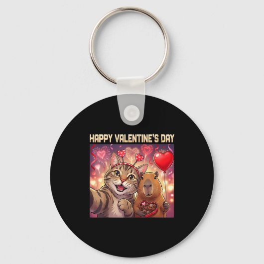 Happy Valentines 2026 Cute Cat Capybara Party Art Sleutelhanger (Voorkant)