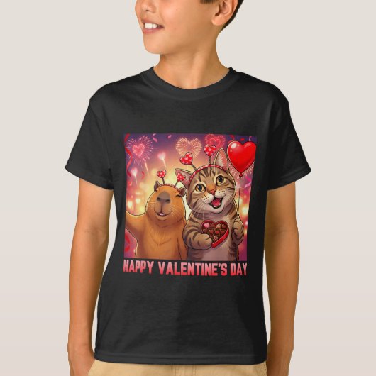 Happy Valentines 2026 Cute Cat Capybara Party Art  T-shirt (Voorkant)
