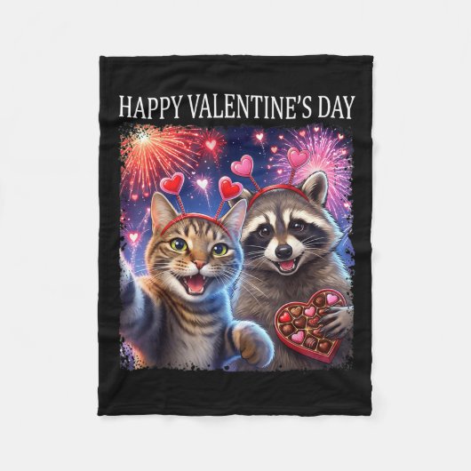 Happy Valentines 2026 Cute Cat Raccoon Party Art Fleece Deken (Voorkant)