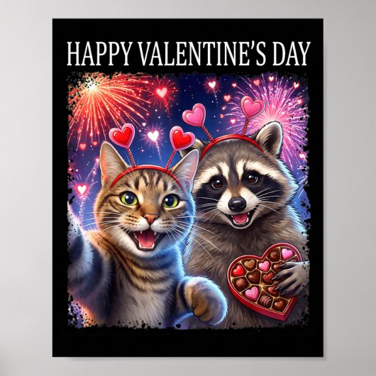 Happy Valentines 2026 Cute Cat Raccoon Party Art  Poster (Voorkant)