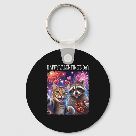 Happy Valentines 2026 Cute Cat Raccoon Party Art  Sleutelhanger (Voorkant)