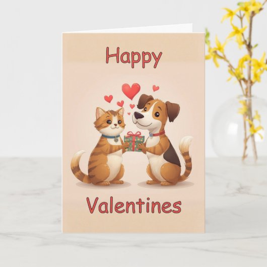 Happy Valentines Cat & Dog design Kaart (Gele Bloem)