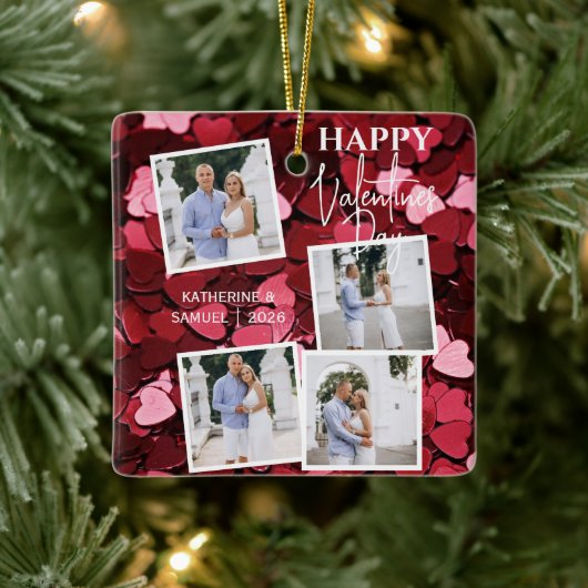 Happy Valentine's Day 4 Photo Collage Red Hearts Keramisch Ornament (Boom)
