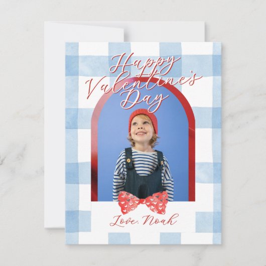 Happy Valentine's Day Arch Photo Blue Gingham Card Feestdagenkaart (Voorkant)