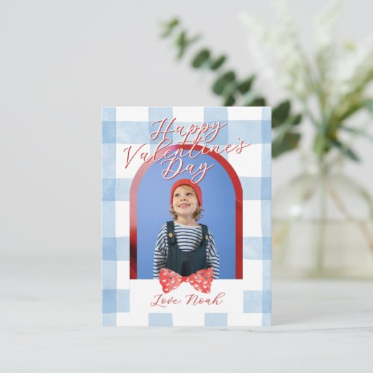 Happy Valentine's Day Arch Photo Blue Gingham Card Feestdagenkaart (Staand voorkant)