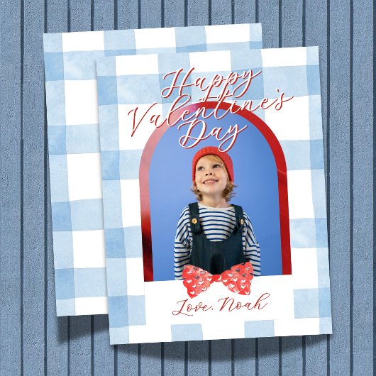 Happy Valentine's Day Arch Photo Blue Gingham Card Feestdagenkaart