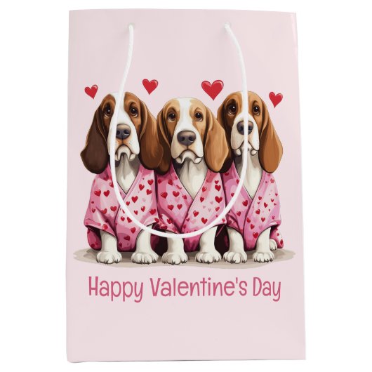 Happy Valentines Day Basset Hound Dogs Medium Cadeauzakje (Voorkant)