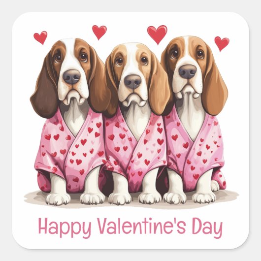 Happy Valentines Day Basset Hound Dogs Vierkante Sticker (Voorkant)
