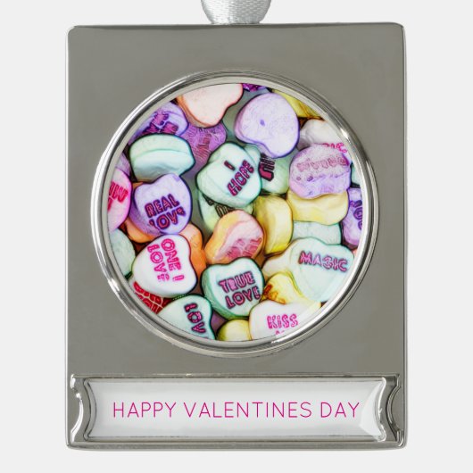 Happy Valentines Day Conversation Hearts Fotokunst Verzilverd Banner Ornament (Voorkant)