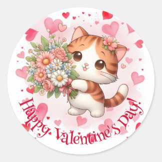 Happy Valentine's Day Cute Kitty Hearts Ronde Sticker