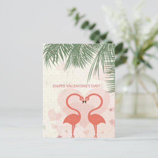 Happy Valentine's Day Cute Pink Flamingo Palm Tree Feestdagenkaart (Staand voorkant)