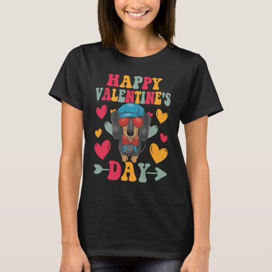 Happy Valentines Day Dachshund Heart Love Groovy T-shirt (Voorkant)