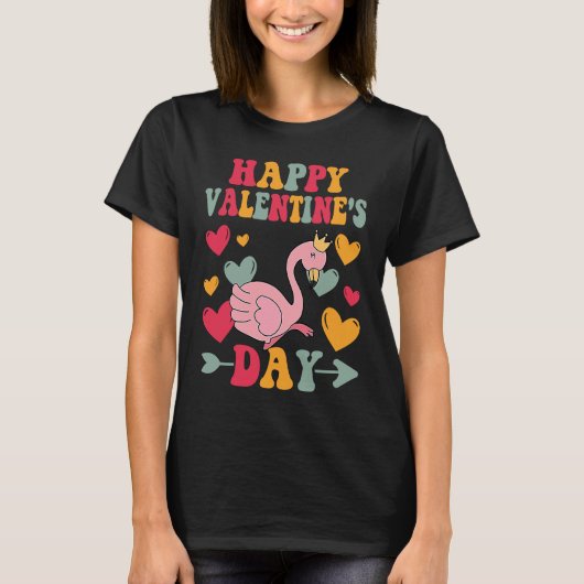 Happy Valentines Day Flamingo Heart Love Groovy T-shirt (Voorkant)
