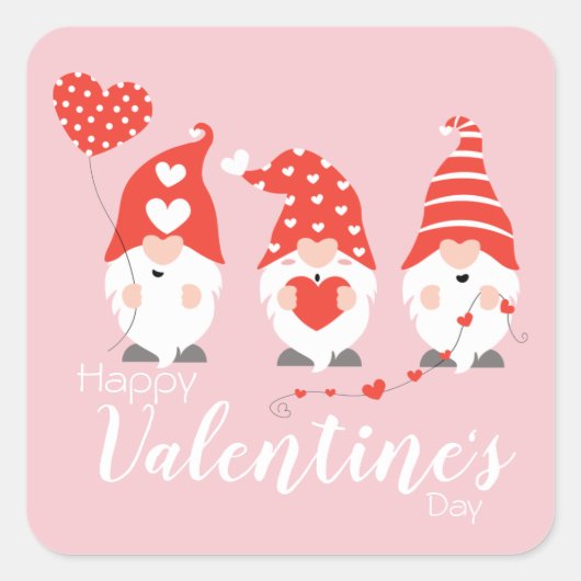 Happy Valentines Day Gnomes Red Pink Vierkante Sticker (Voorkant)