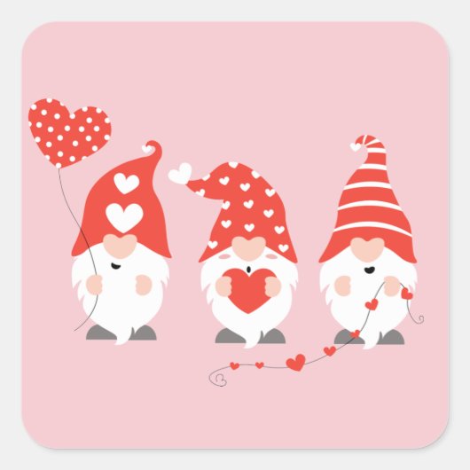 Happy Valentines Day Gnomes Red Pink Vierkante Sticker (Voorkant)