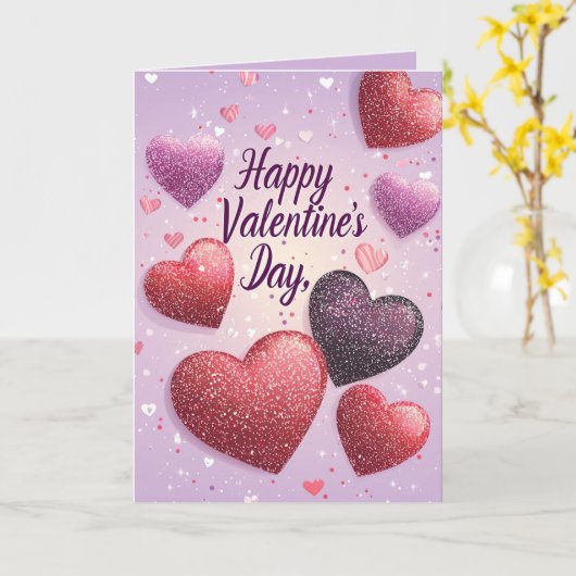 Happy Valentines Day Hearts Glitter Paarse kaart (Gele Bloem)
