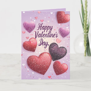 Happy Valentines Day Hearts Glitter Paarse kaart